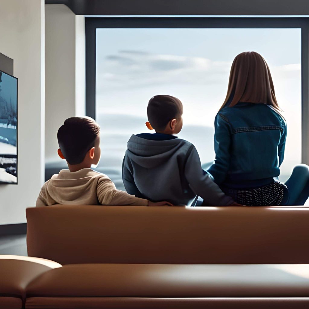 Three children sitting on a leather couch looking outwards onto a beautiful large window.