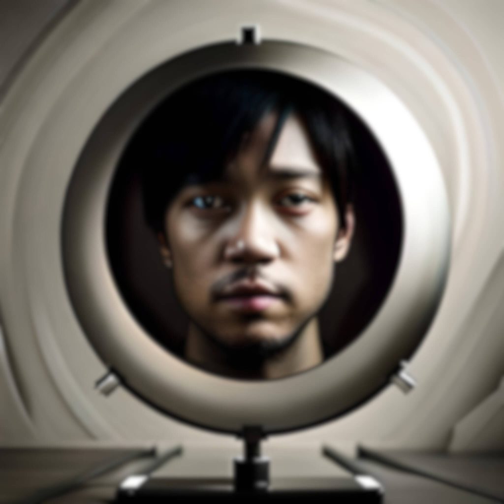 Young man stuck staring at his blurred image.